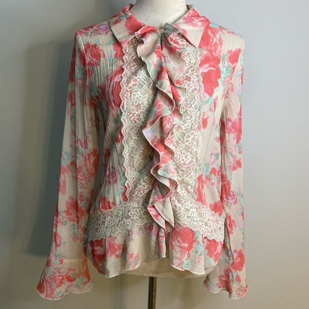 Free people floral lace blouse with ruffles and bell sleeves romantic